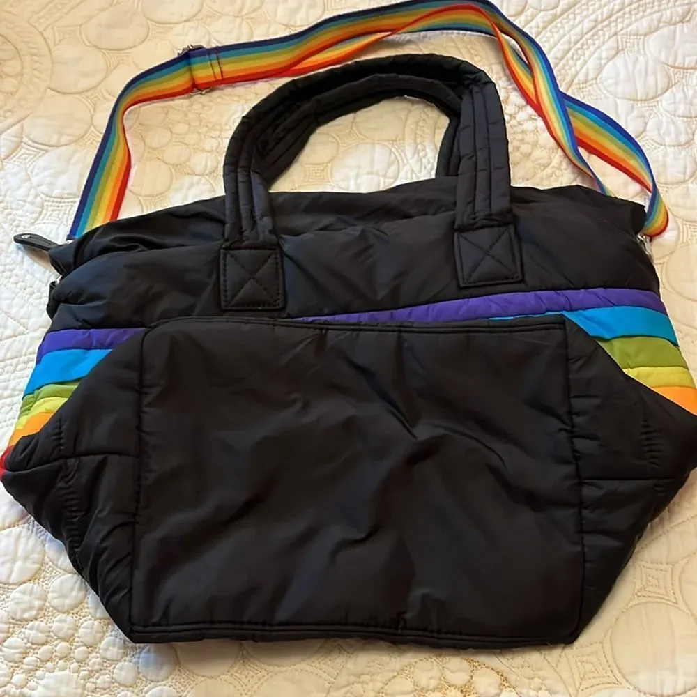 Sondra Roberts squared black rainbow puffer tote bag